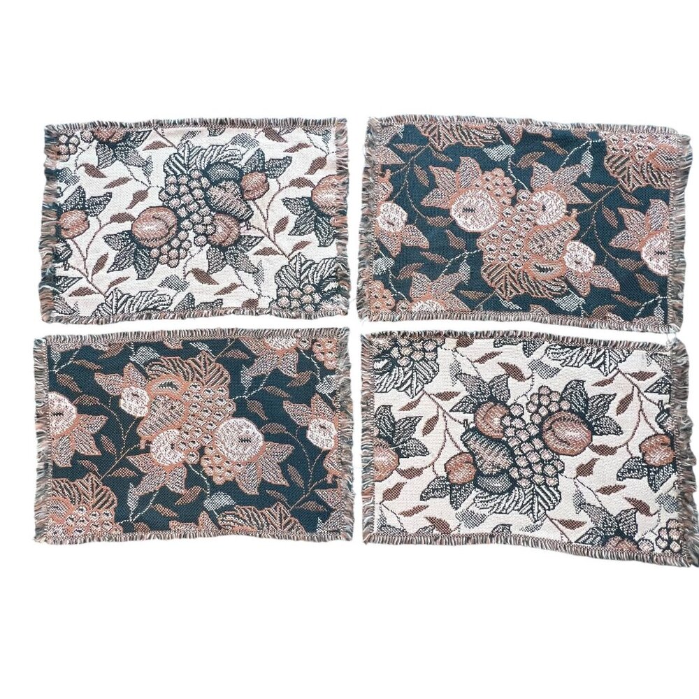 Set of 4 Vintage Tapestry Style Fabric Placemats with Fruit Fringe Edges 19"x13"